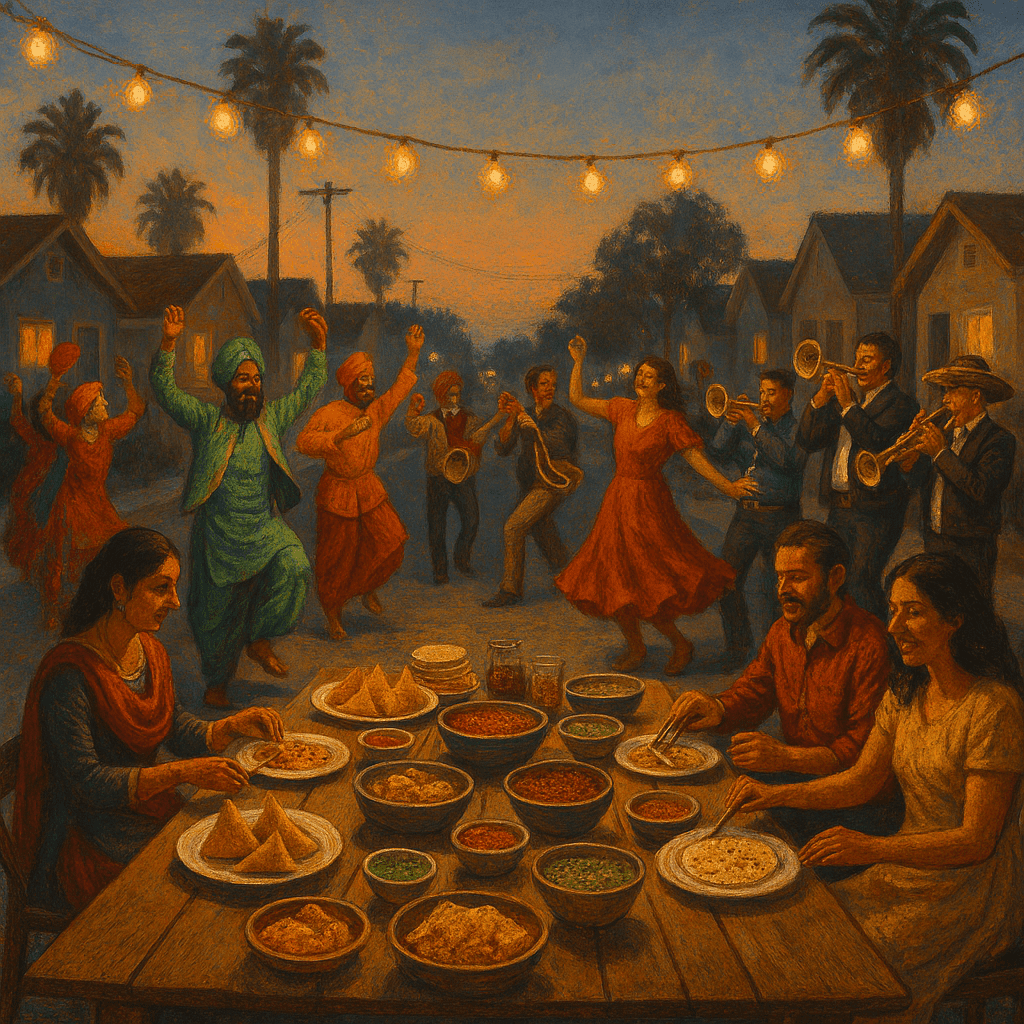 A California residential street where two house gatherings merge into a shared outdoor celebration, with music, dancing, and a long table of mixed foods under string lights.