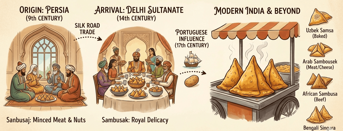 Infographic showing the 1,000-year journey of the samosa across continents. Four panels illustrate: Persian origin (9th century) showing sanbusaj with minced meat and nuts in a royal Persian court; Silk Road trade route to Delhi Sultanate (14th century) depicting sambusak as a royal delicacy; Portuguese influence (17th century) introducing the potato; and Modern India & Beyond showing a street vendor cart with regional variations including Uzbek samsa (baked), Arab sambousek (meat/cheese), African sambusa (beef), and Bengali singara (flaky).