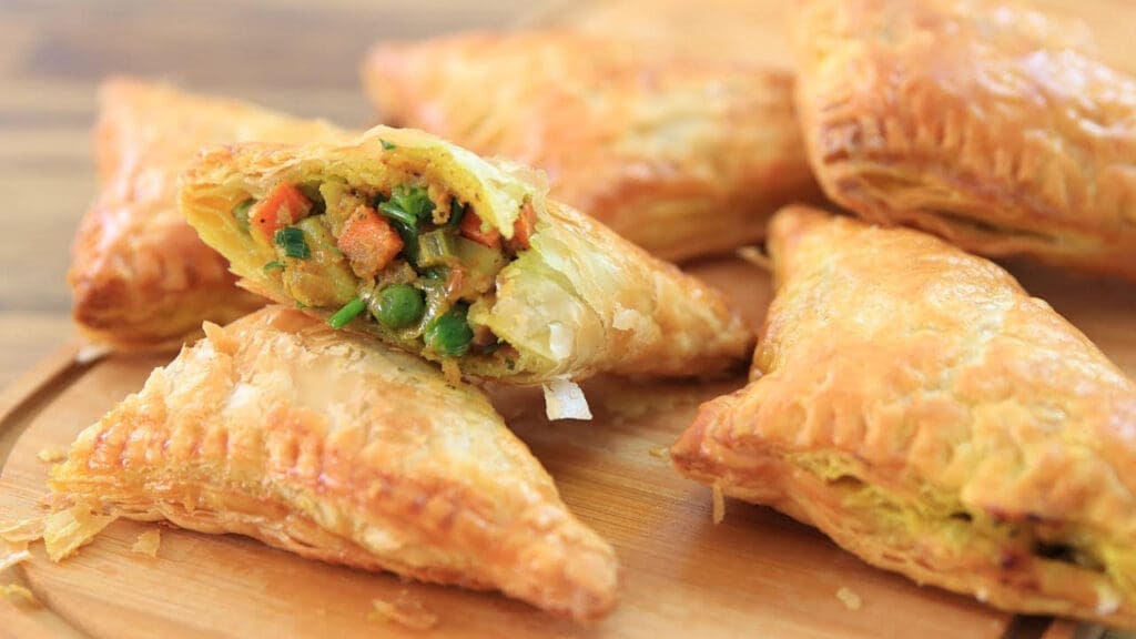 Golden-brown crispy curry puff cut in half, revealing a vibrant filling of spiced tofu, peas, carrots, and green onions on a wooden surface.