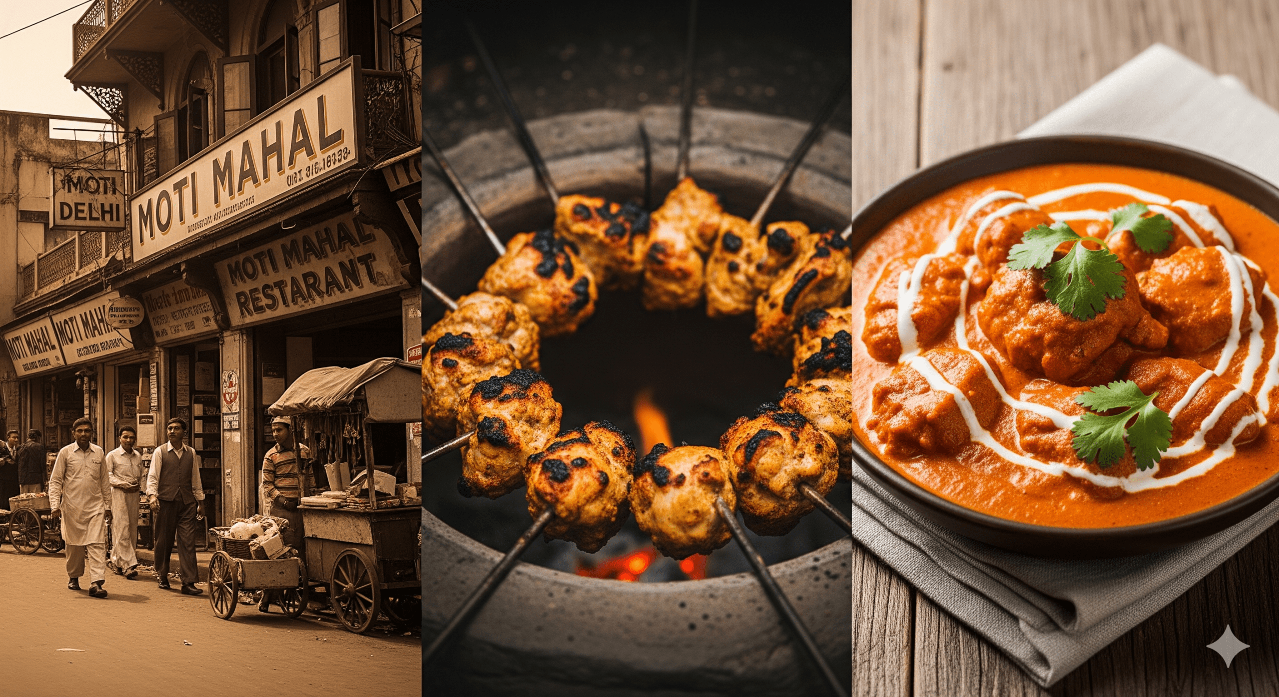 A rich, creamy bowl of Butter Chicken (Murgh Makhani) served with fresh naan, representing the culinary heritage of Moti Mahal in Old Delhi.