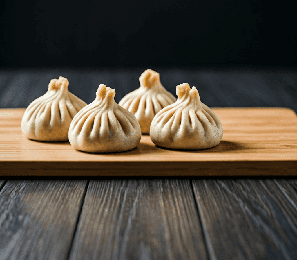 Three steamed Veggie Momos served on a wooden board, highlighting the intricate pleated dough.