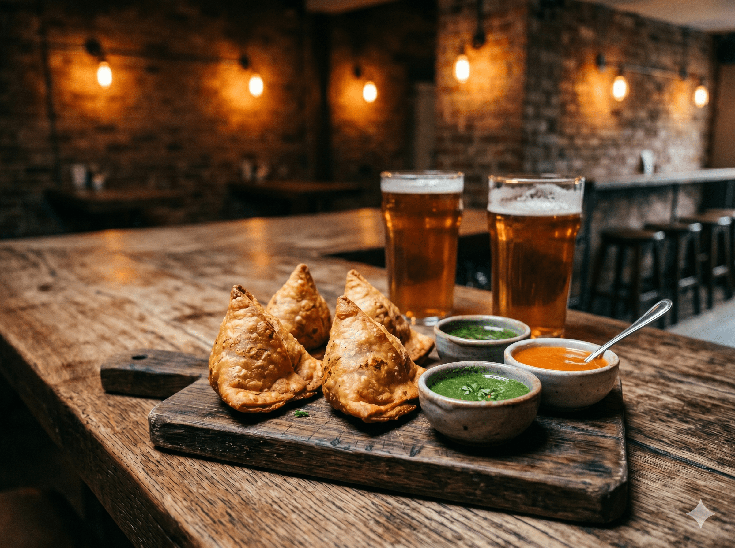 Golden samosas on a taproom bar with craft beer pints and chutney — no-kitchen taproom food program