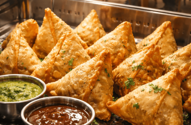 Golden samosas with chutney showing how Indian food fits busy modern life